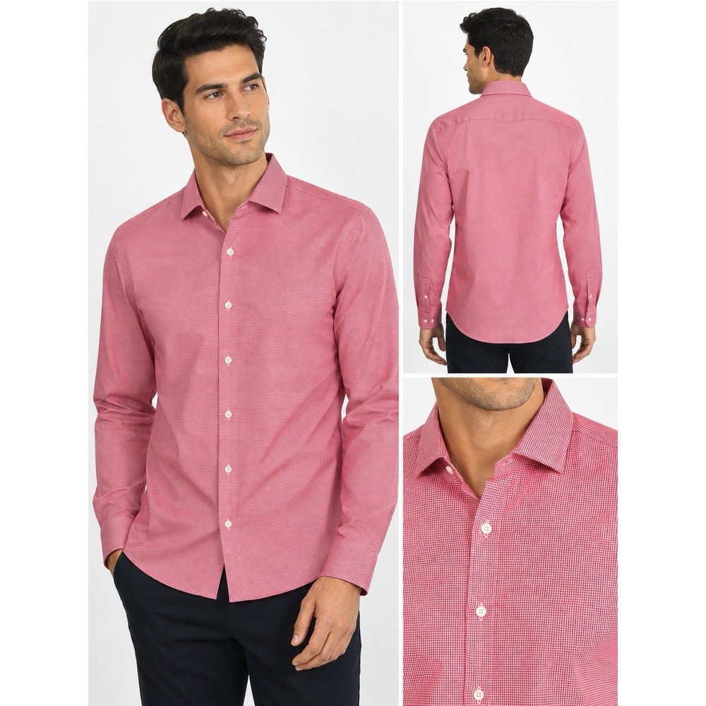 Tommy Hilfiger Mens 16 34/35 Slim Fit Red MicroCheck Supima Cotton Stretch Shirt